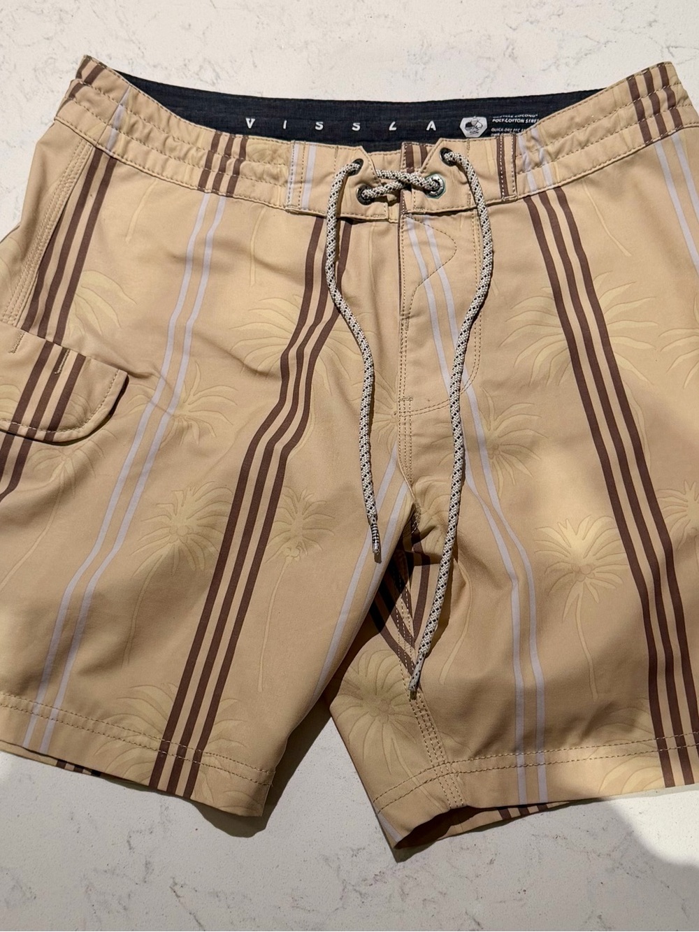 VISSLA 28” Board Shorts tan w/ palm trees, brown & white stripes